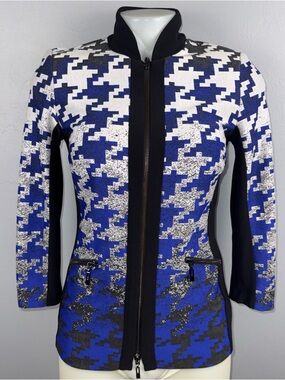 Joseph Ribkoff Geometric Zip Jacket Sz 2 Blue Black White 3/4 Sleeve *READ